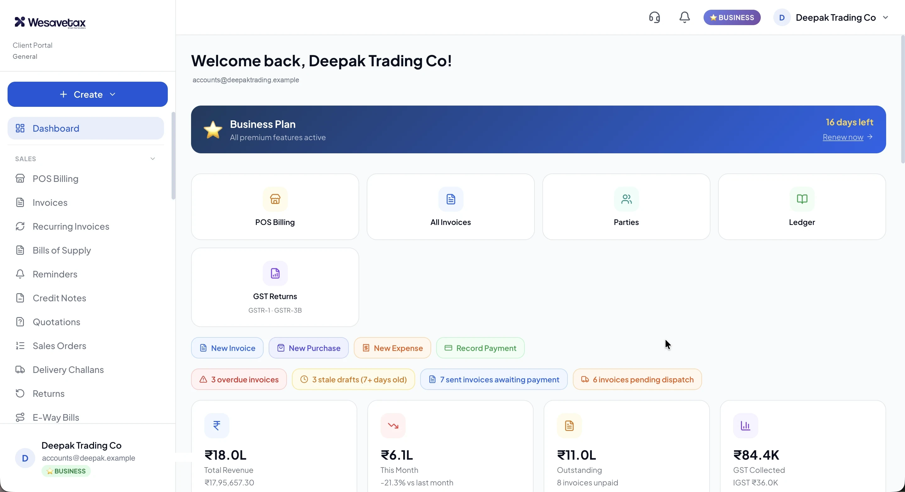 WeSaveTax dashboard — overview of sales, expenses and tax summary